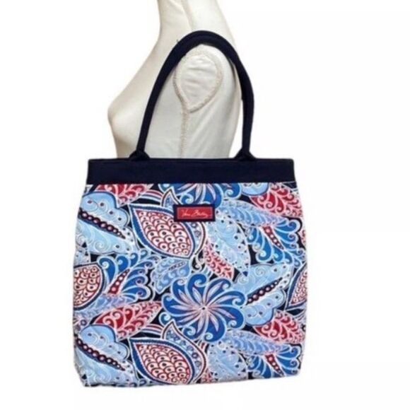 Vera Bradley Seaside Blue White Red Paisley Print Quilted Canvas Large Tote Bag - Picture 2 of 11